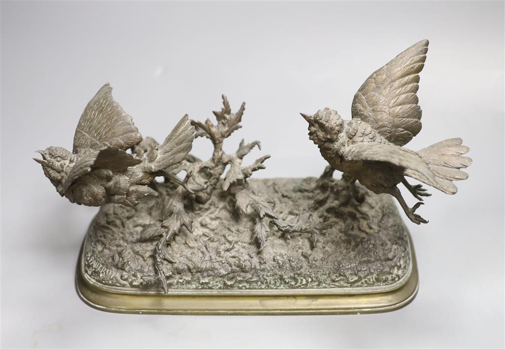 Ferdinand Pautrot (1832-1874), a bronze group of two songbirds in flight, signed, width 29cm